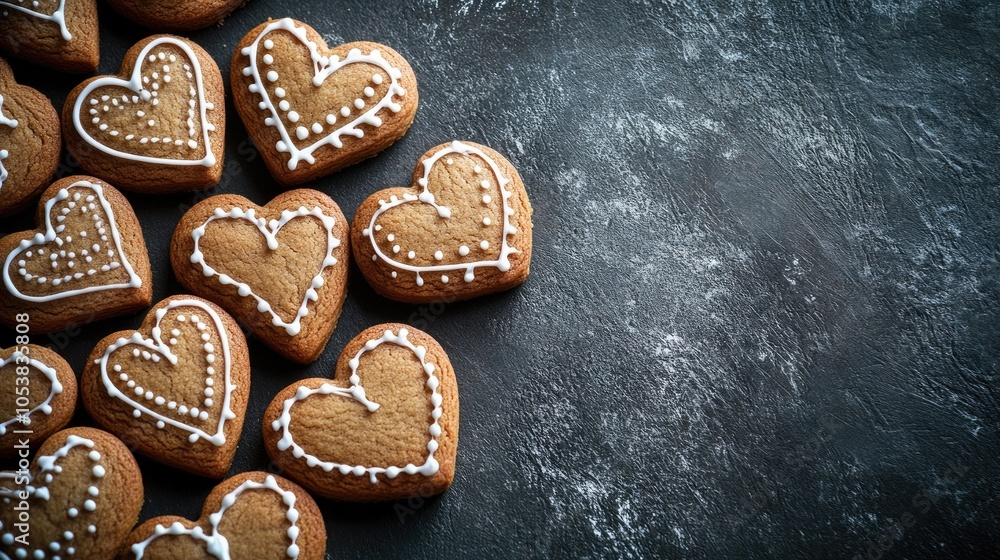 Aufkleber gingerbread heart cookies with icing arranged on a dark textured surface serving as a festive backgr