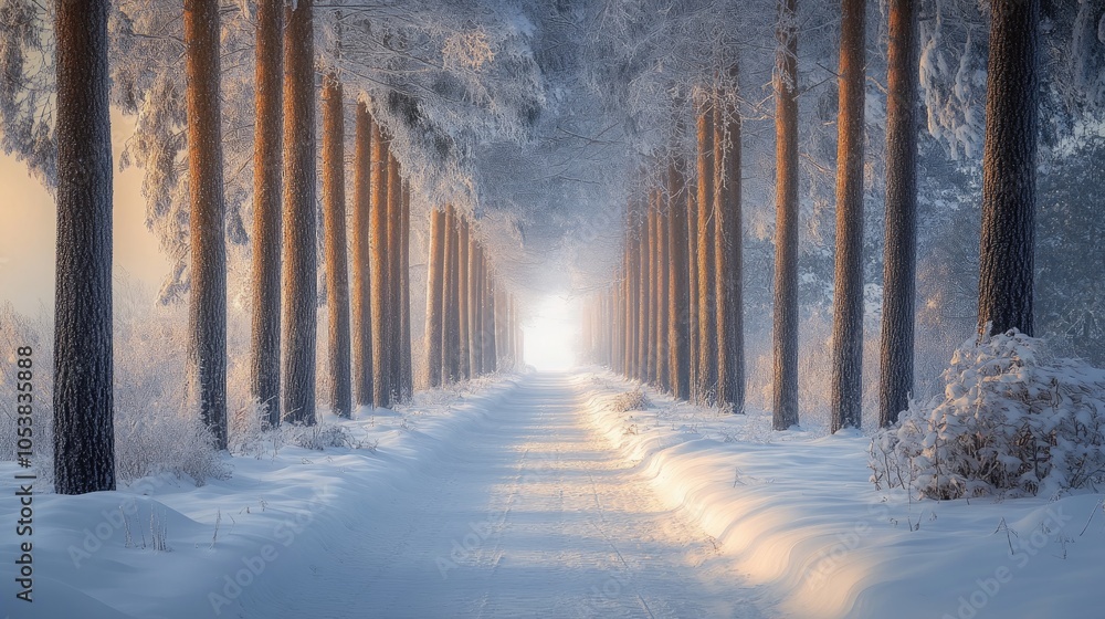Aufkleber a winding snowy path bordered by tall trees evokes a peaceful ambiance with gentle light ahead sugge