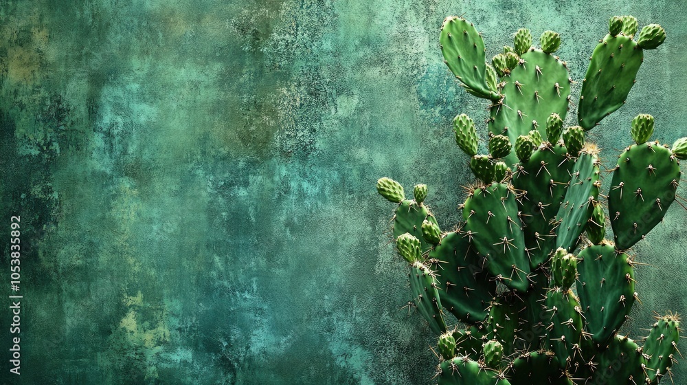 Poster lively green cacti flourishing on a textured vertical backdrop in natural light with ample copy spac