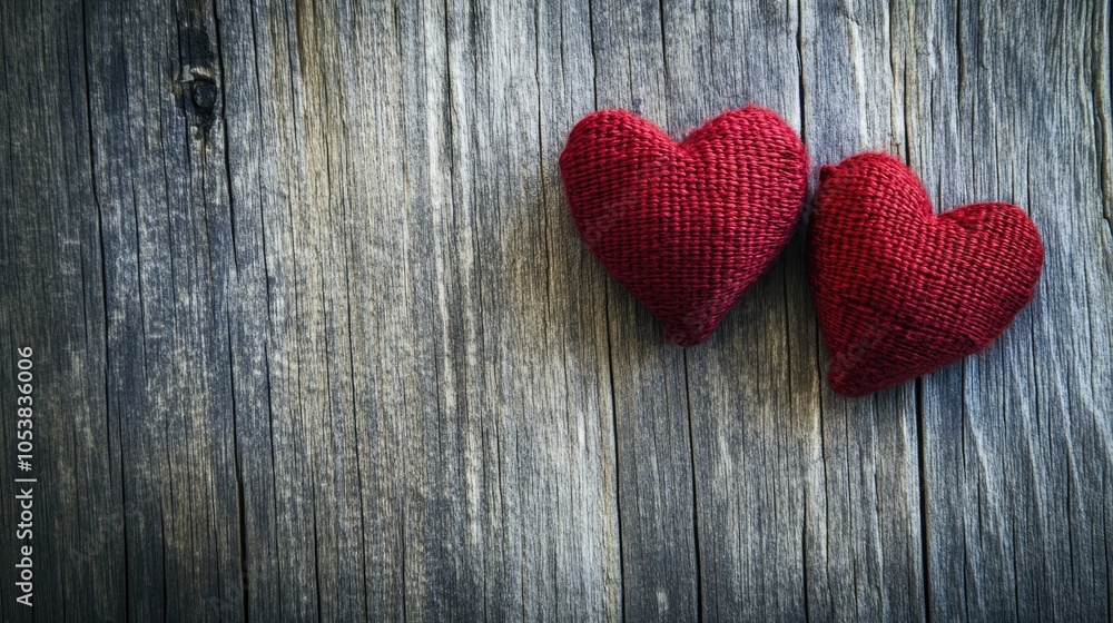 Poster two red fabric hearts placed on a rustic wooden surface symbolizing love heartbeat texture and a nos