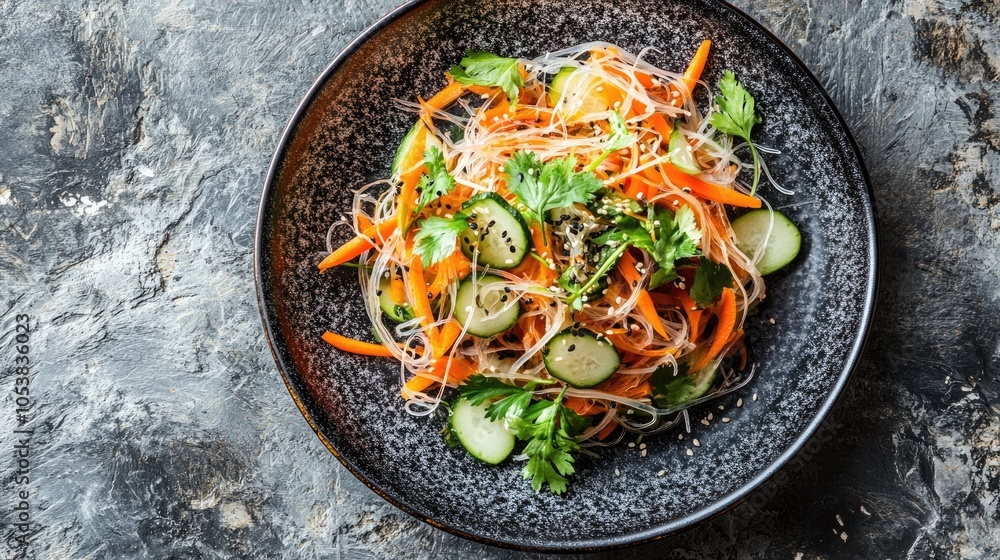 Poster bean thread noodle salad with cucumber and carrot a vibrant vegetarian dish served on a plate atop a