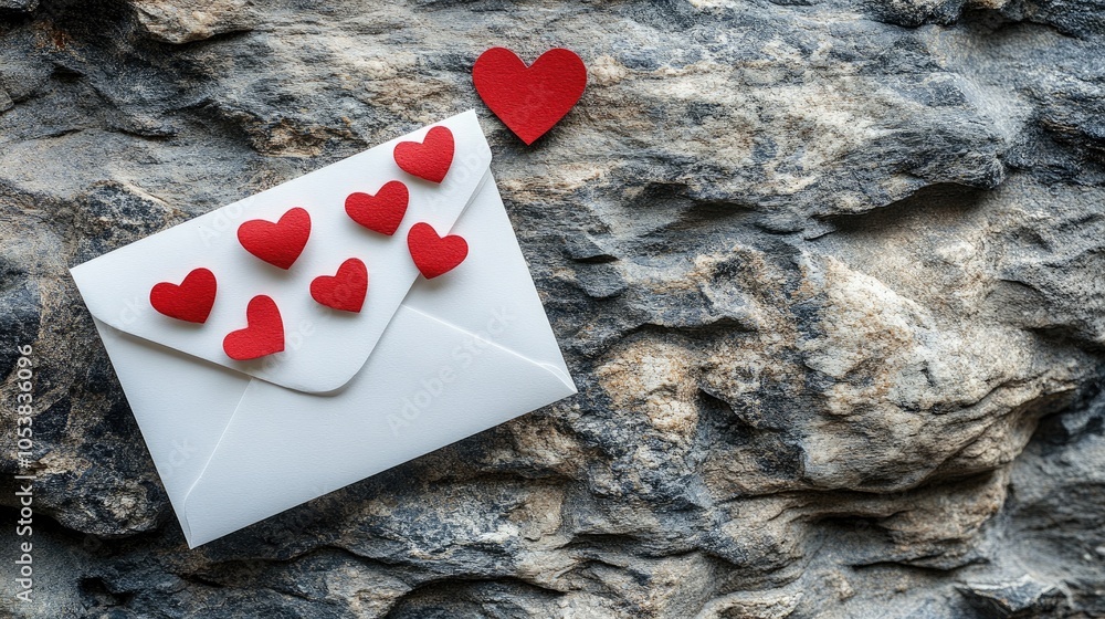 Poster white envelope adorned with hearts placed on a textured stone backdrop representing a romantic theme