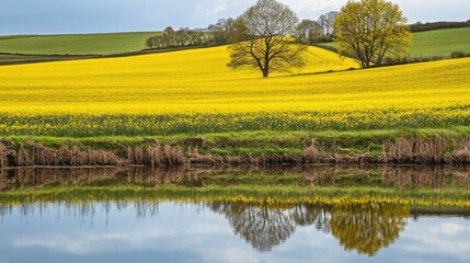 Fototapeta premium Vibrant yellow rapeseed field with water reflection showcasing spring agriculture in a picturesque rural landscape