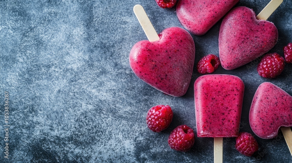 Aufkleber heart shaped berry smoothie popsicles on a banner with ample space for text or branding