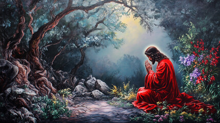 Fototapeta premium Painting of Jesus Praying in the Garden of Gethsemane