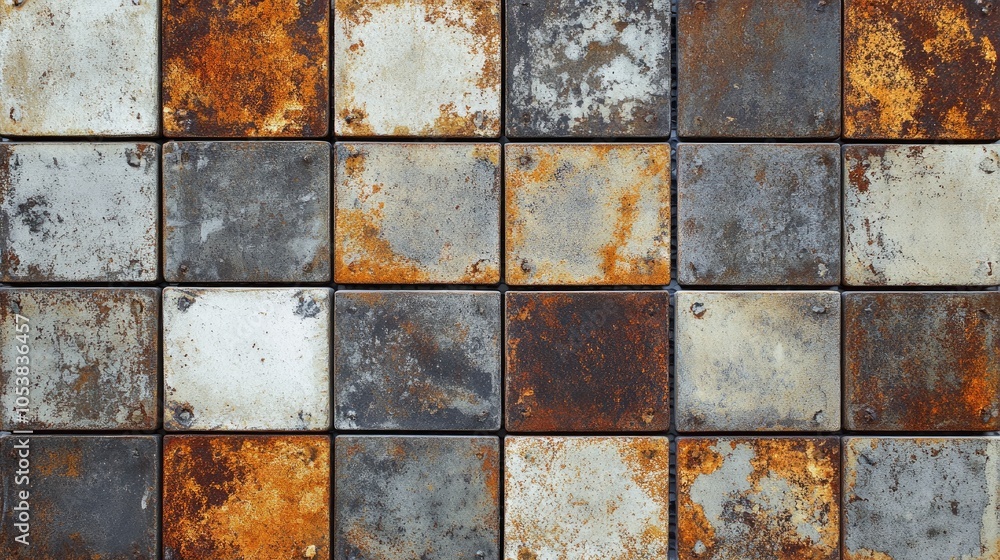 Poster vintage worn patchwork square mosaic tiles with an old brown and gray rusty texture on a concrete wa