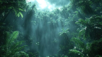 Obraz premium Lush rainforest scene with cascading rain and vibrant foliage.
