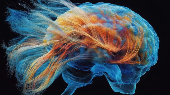 3D Illustration of human brain nerve tracts based on magnetic resonance imaging (MRI) data.