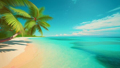 Obraz premium art A tropical beach scene with turquoise water and palm trees, captured in a vibrant vacation flat design