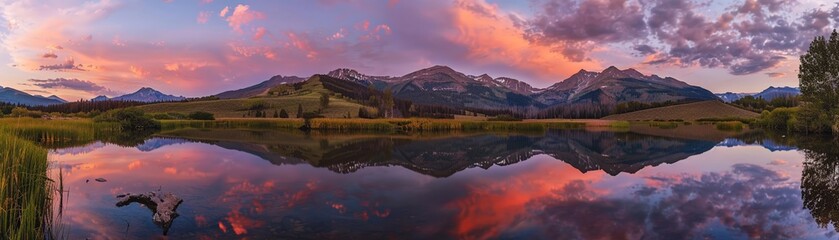 A serene mountain lake at sunset