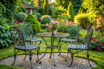 Reflected vintage wrought iron patio furniture in tranquil garden area