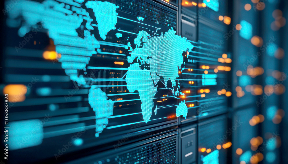 Poster digital world map with data visualization on dark background