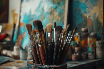 Fototapeta premium A bunch of paintbrushes are in a bowl on a table