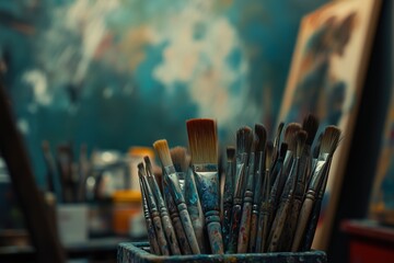 Fototapeta premium A bunch of paintbrushes are sitting in a container