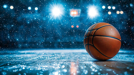Obraz premium A basketball resting on a court under bright stadium lights, capturing the essence of the game