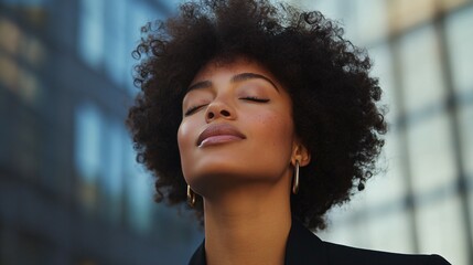 Obraz premium A confident businesswoman with closed eyes and curly hair stands in front of an office building, taking deep breaths to enjoy the fresh air outside during her break from work 