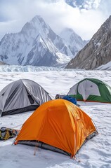 Three tents are set up in the snow, with one of them being orange