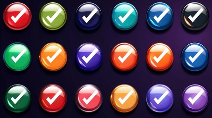 Assortment of vector check marks, both as icons and on buttons, in both tick and cross variants. 