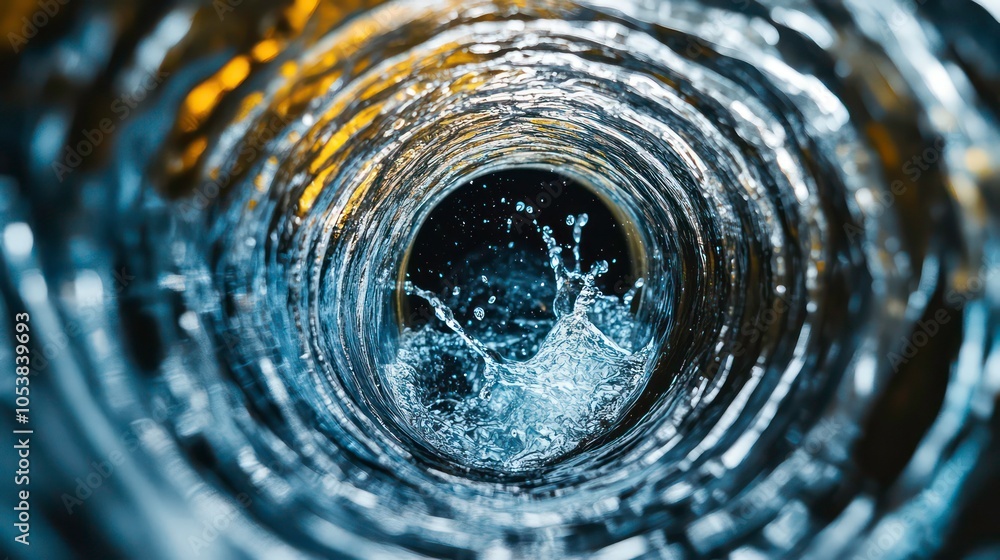 Poster a close-up view of water splashing inside a cylindrical pipe.