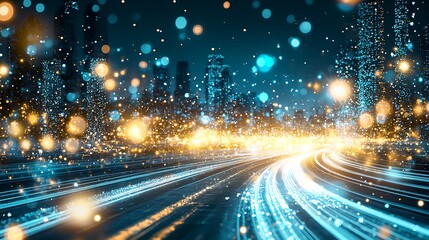 Abstract digital background with glowing lines and bokeh lights, creating an impression of speed or data transfer in motion.