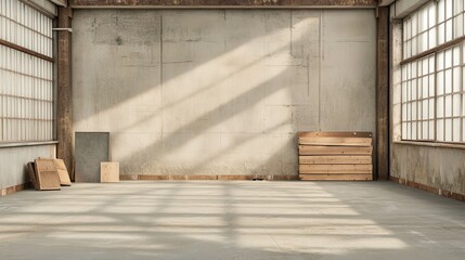 Spacious industrial interior with natural light, concrete walls, and wooden crates.