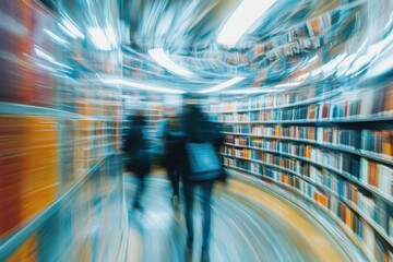 Fototapeta premium academic energy flow blurred students merging with swirling knowledge streams campus setting dynamic motion empowering education concept