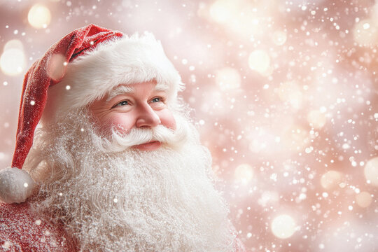 A smiling santa with a red hat and beard. He is looking at the camera. The background is pink and has snow