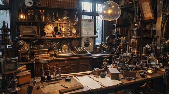 A Victorian-era inventors workshop cluttered with steampunk gadgets