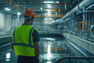 Engineer in Hard Hat Evaluating Safety Protocols at Water Plant