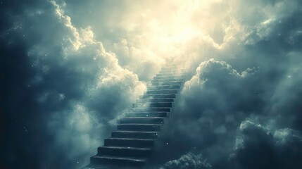 A mystical staircase ascends through clouds, evoking a sense of wonder and transcendence.