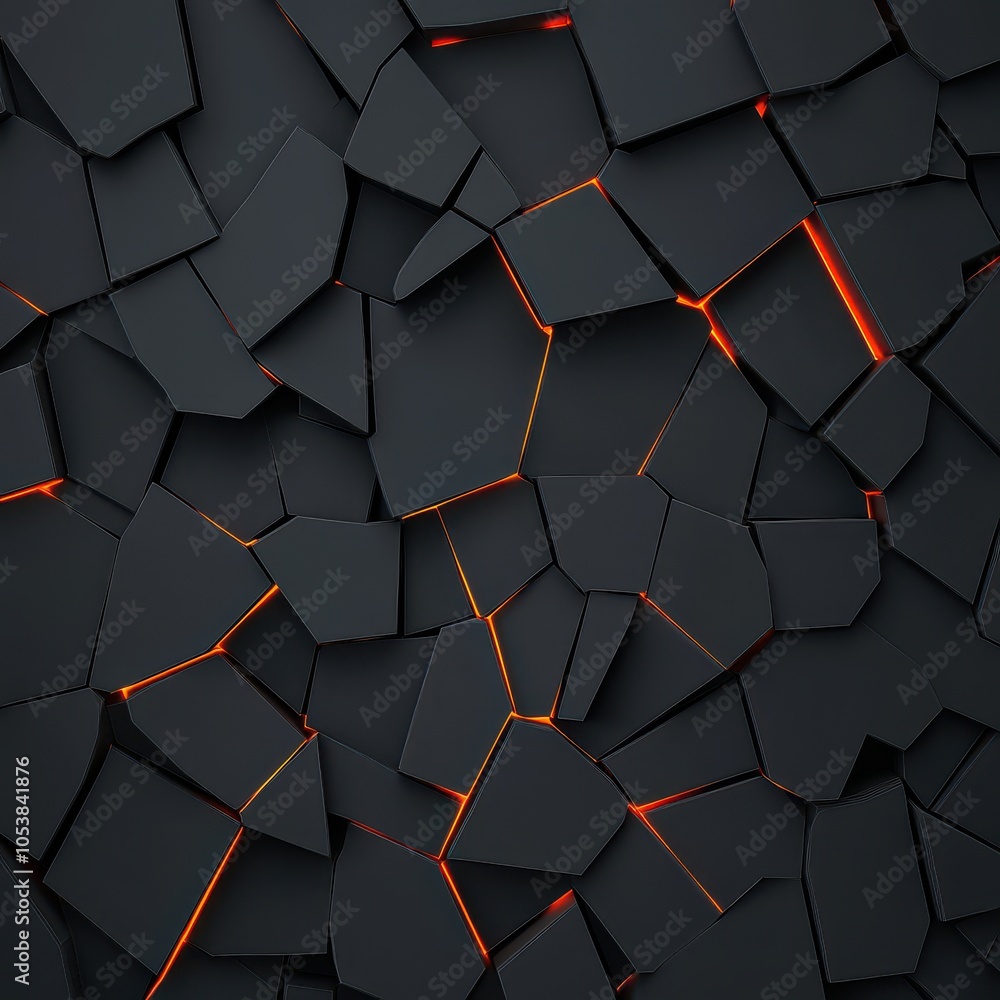 Poster abstract black texture with glowing orange cracks, creating a modern visual background effect.