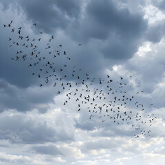 Fototapeta premium flock of birds flying against a cloudy sky during migration