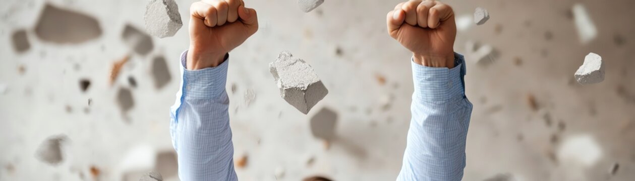 Person celebrating triumph with raised fists amidst debris and broken wall.