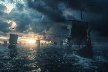 Fototapeta premium Vikings ships on the horizon of stormy ocean. Mysterious atmosphere under the shining sky. 3D render illustration.