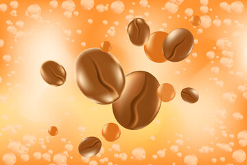 Cute 3D flowing motion of coffee beans, caramel glowing bubbles fizz. Elegant beige watercolor background, coffee illustration for cafe or coffee shop poster, presentation.