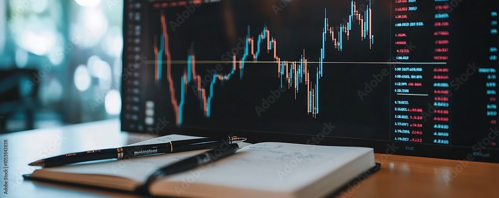 Poster a financial chart displayed on a screen with pens and a notebook on a desk.