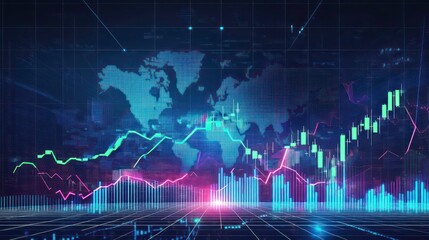 A digital representation of global financial data with graphs and world map backdrop.