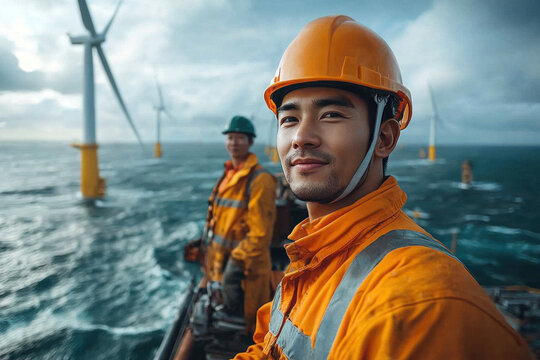 Asian engineers working at offshore wind farm on a clear day - Powered by Adobe