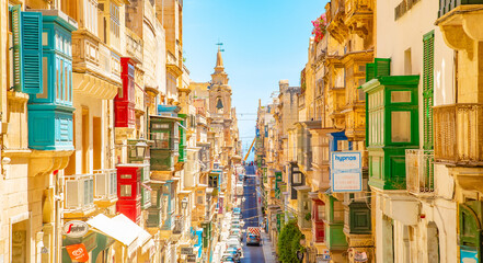 Sunny street in Valletta old town, Malta