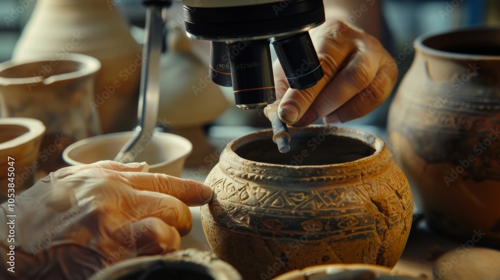 Poster two archaeologists are using a microscope to examine an ancient pottery shard in their laboratory, c