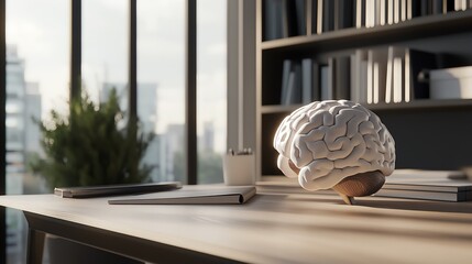 Stylish brain sculpture on desk in modern office setting with natural light.