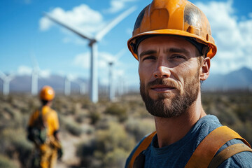 Caucasian engineers working at a wind farm wearing safety helmets