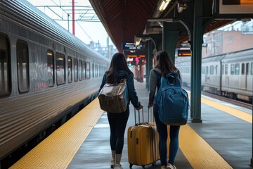 A student at a train station, carrying luggage and saying goodbye to family members before leaving for college in another city