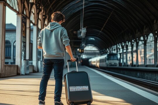 A student at a train station, carrying a suitcase and looking at a ticket, preparing to travel to college for the start of the school year