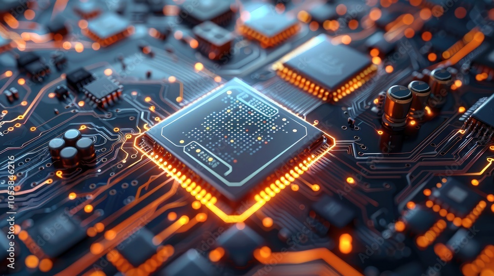 Poster chip breakthrough mobile technology, futuristic design, intricate circuitry, glowing elements, sleek