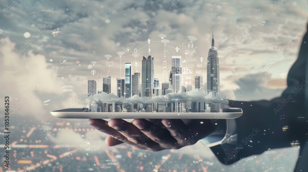 Poster waiter hand holding an empty digital tablet with smart city and 5g network wireless systems and inte