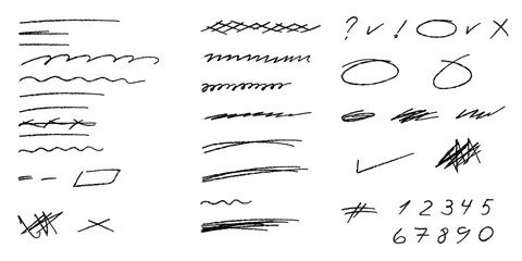 Set of hand-drawn lines for underlining and correcting text. Markers for highlighting important notes in notebook