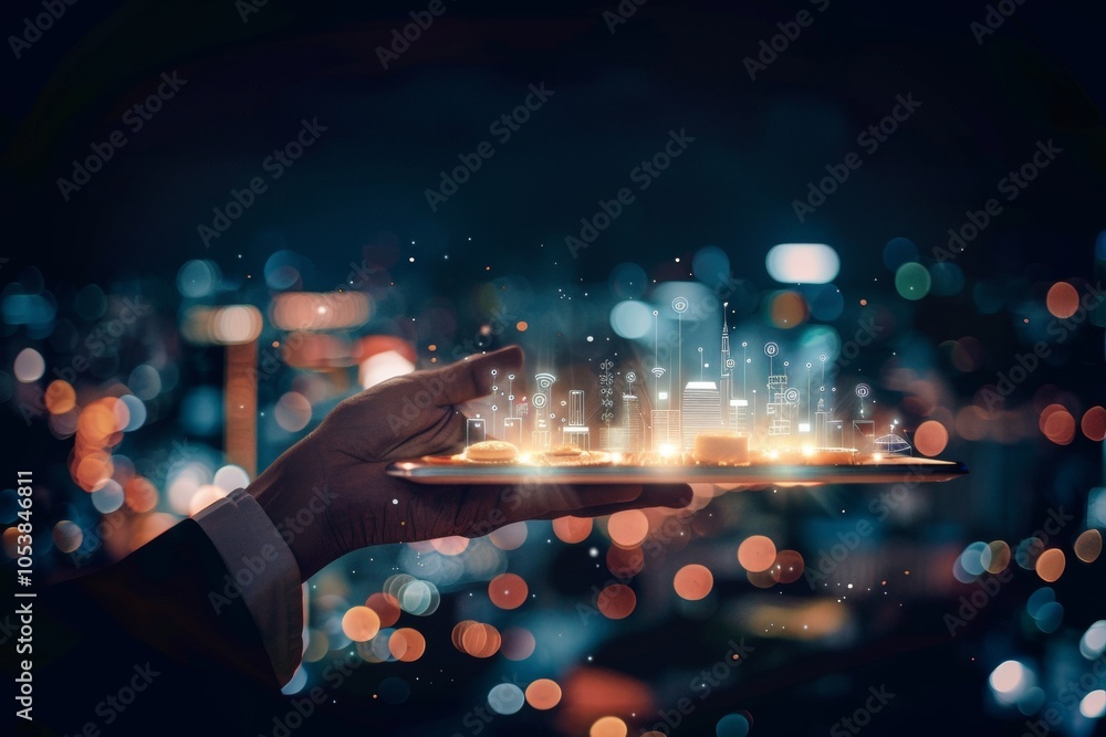 Poster waiter hand holding an empty digital tablet with smart city and 5g network wireless systems and inte