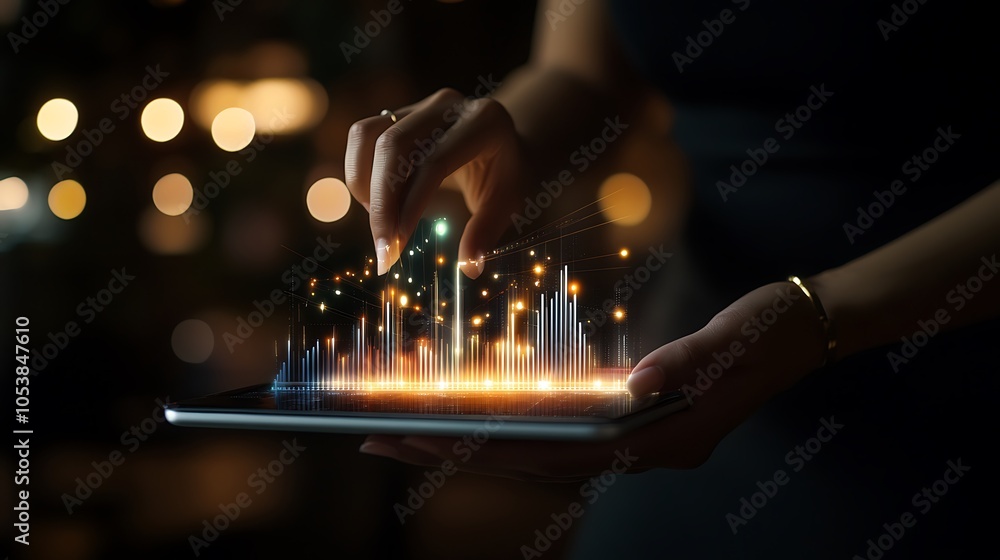 Poster a person interacts with a digital tablet displaying vibrant data visualizations.
