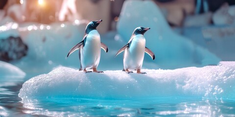 Obraz premium Two charming penguins stand on an ice floe. It is a delightful scene depicting their playful nature and the beauty of their icy habitat. Perfect for wildlife lovers. AI